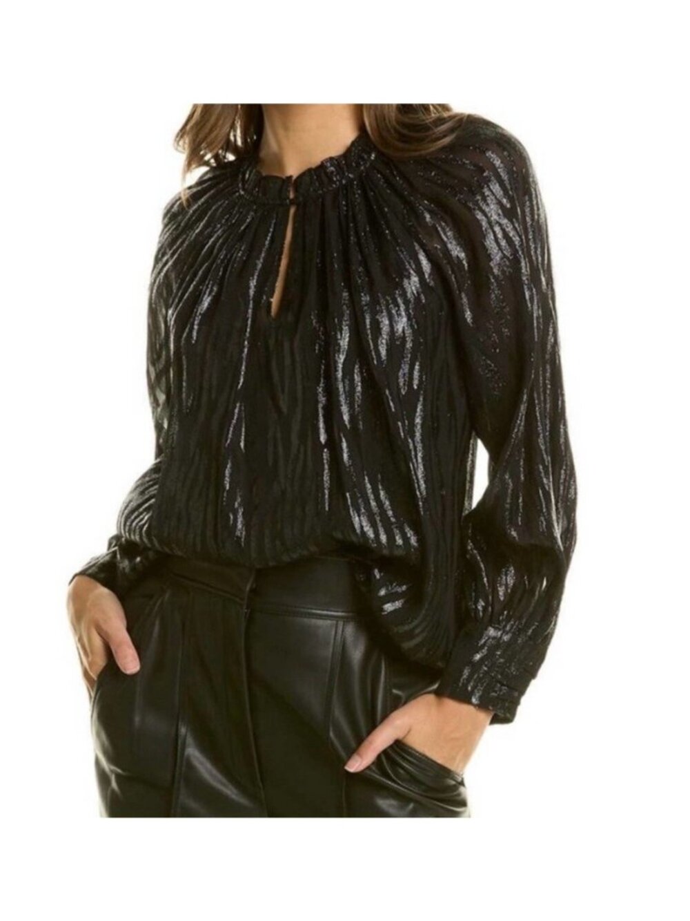 Rebecca Taylor Safari Silk Blend Blouse Size 12 Black Metallic Ruffle